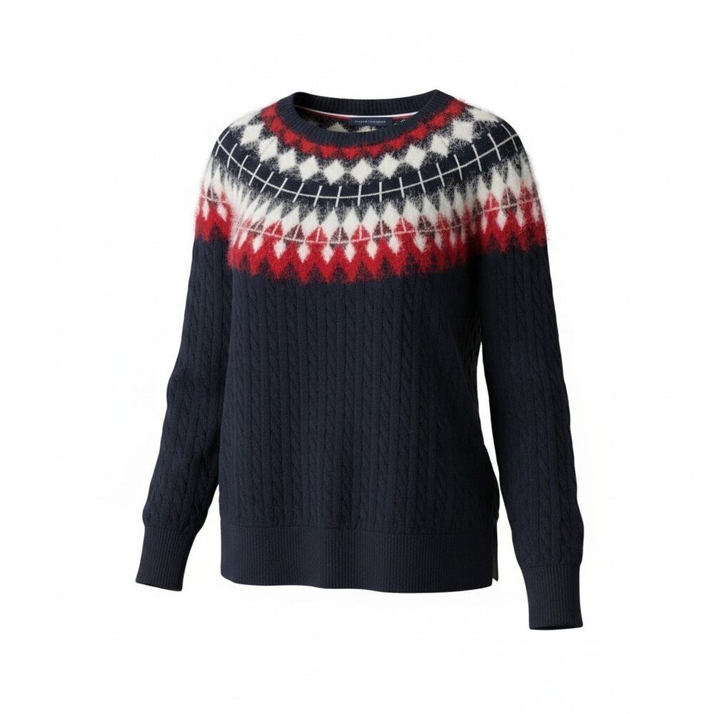 Tommy Hilfiger Women's 1X Fair Isle Cable Knit Sweater Navy Blue Red White - Picture 2 of 9